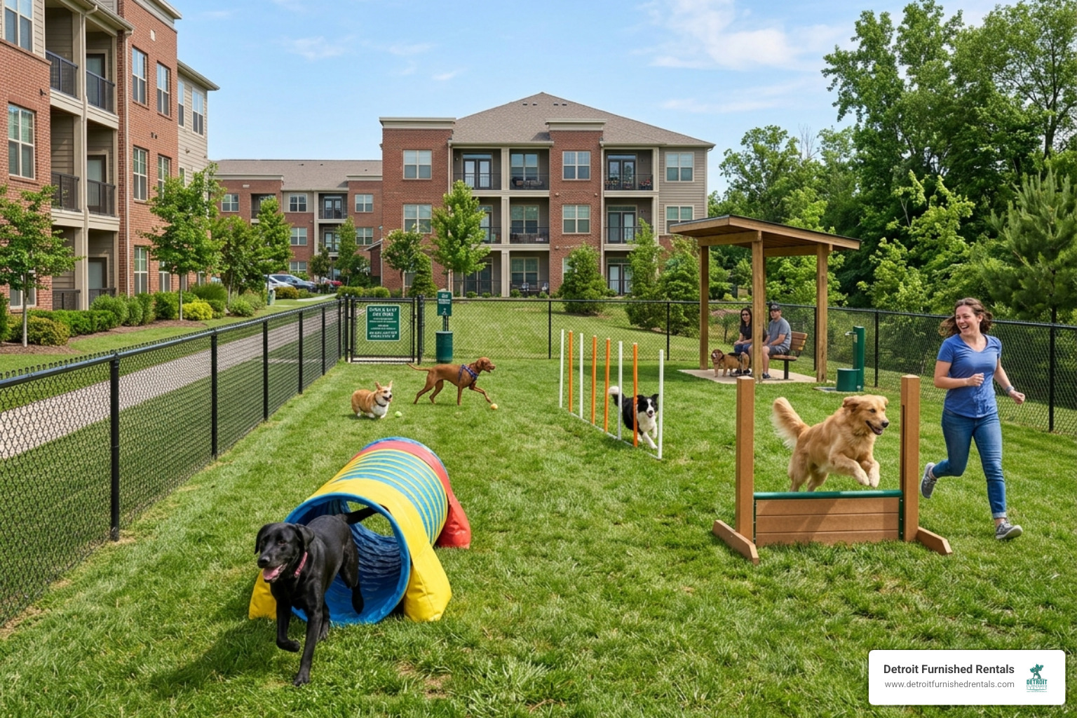 outdoor fenced bark park with agility equipment - pet friendly utilities included apartments
