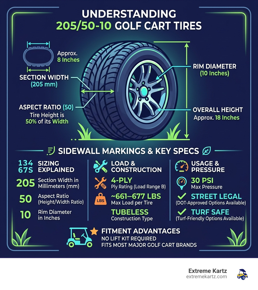 Infographic explaining 205/50-10 golf cart tire sizing, sidewall markings, and key specs - 205 50 x 10 tires infographic 