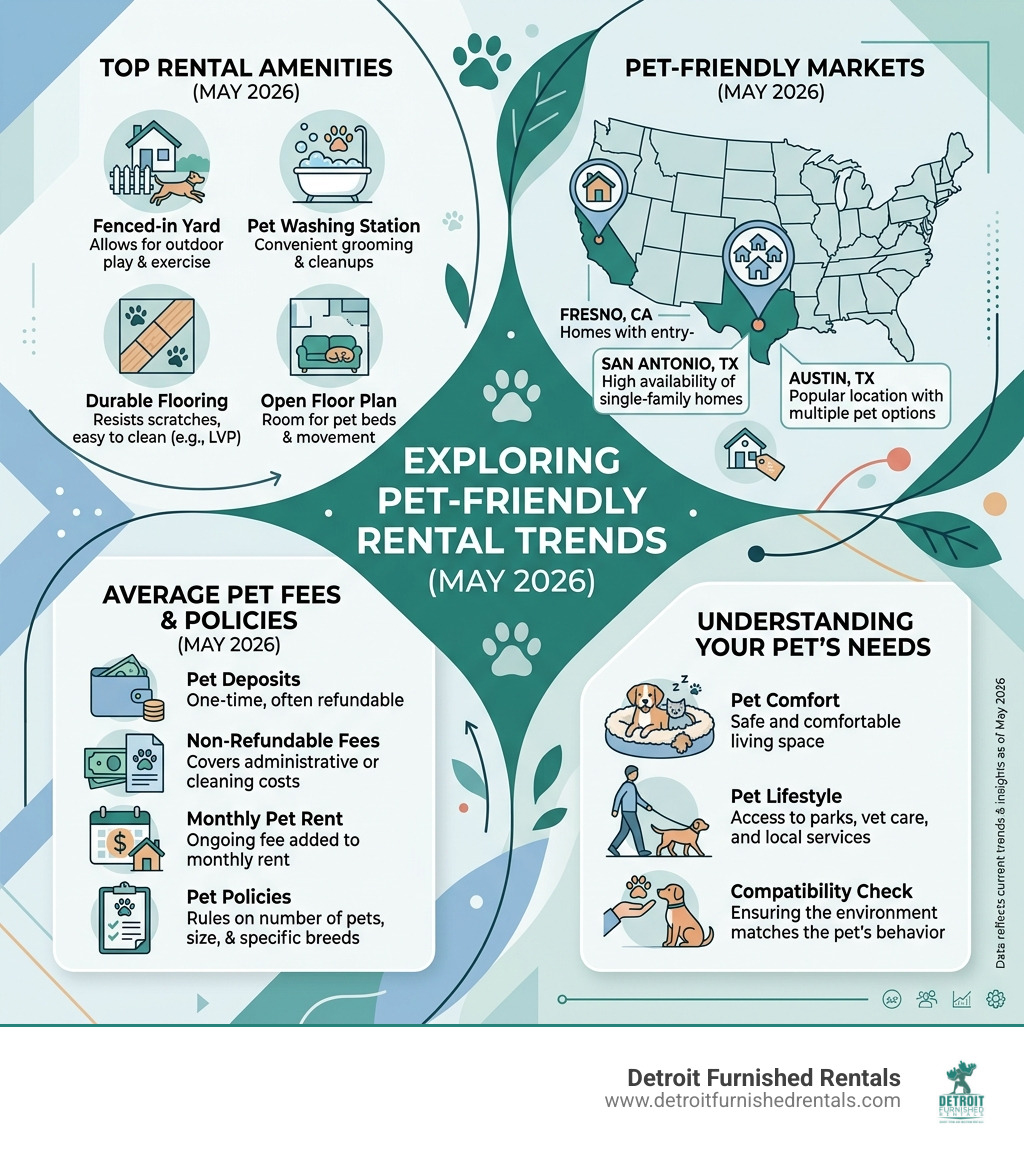 infographic showing pet-friendly rental trends, average fees, top cities, and key amenities in May 2026 - pet friendly homes