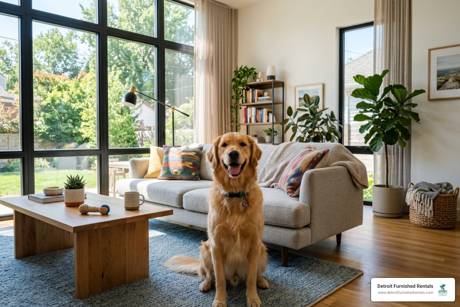 happy dog sitting in a spacious, sunlit living room of a rental home - pet friendly homes for rent