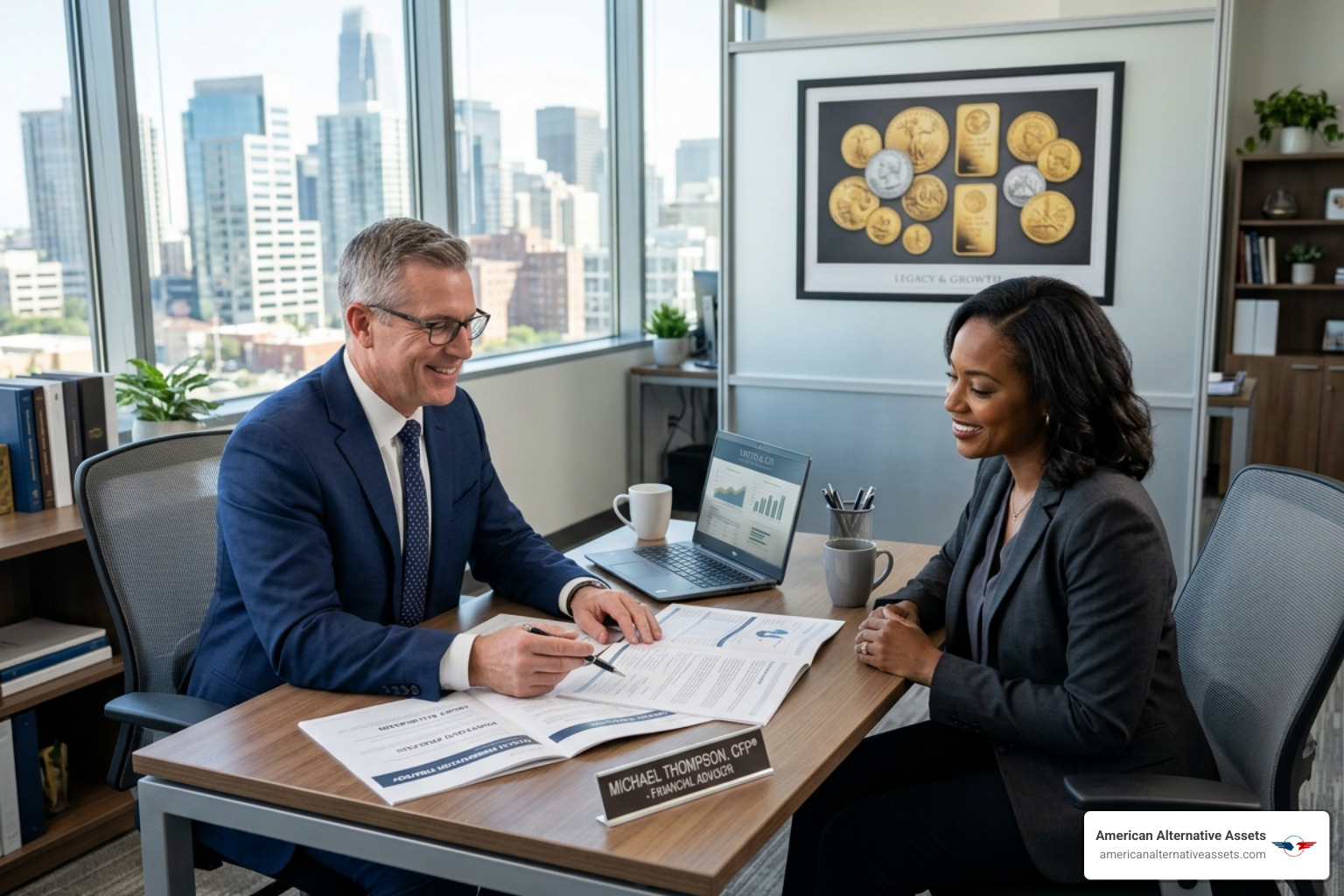 A professional consultation between an expert and a client discussing wealth preservation - Setting up gold IRA