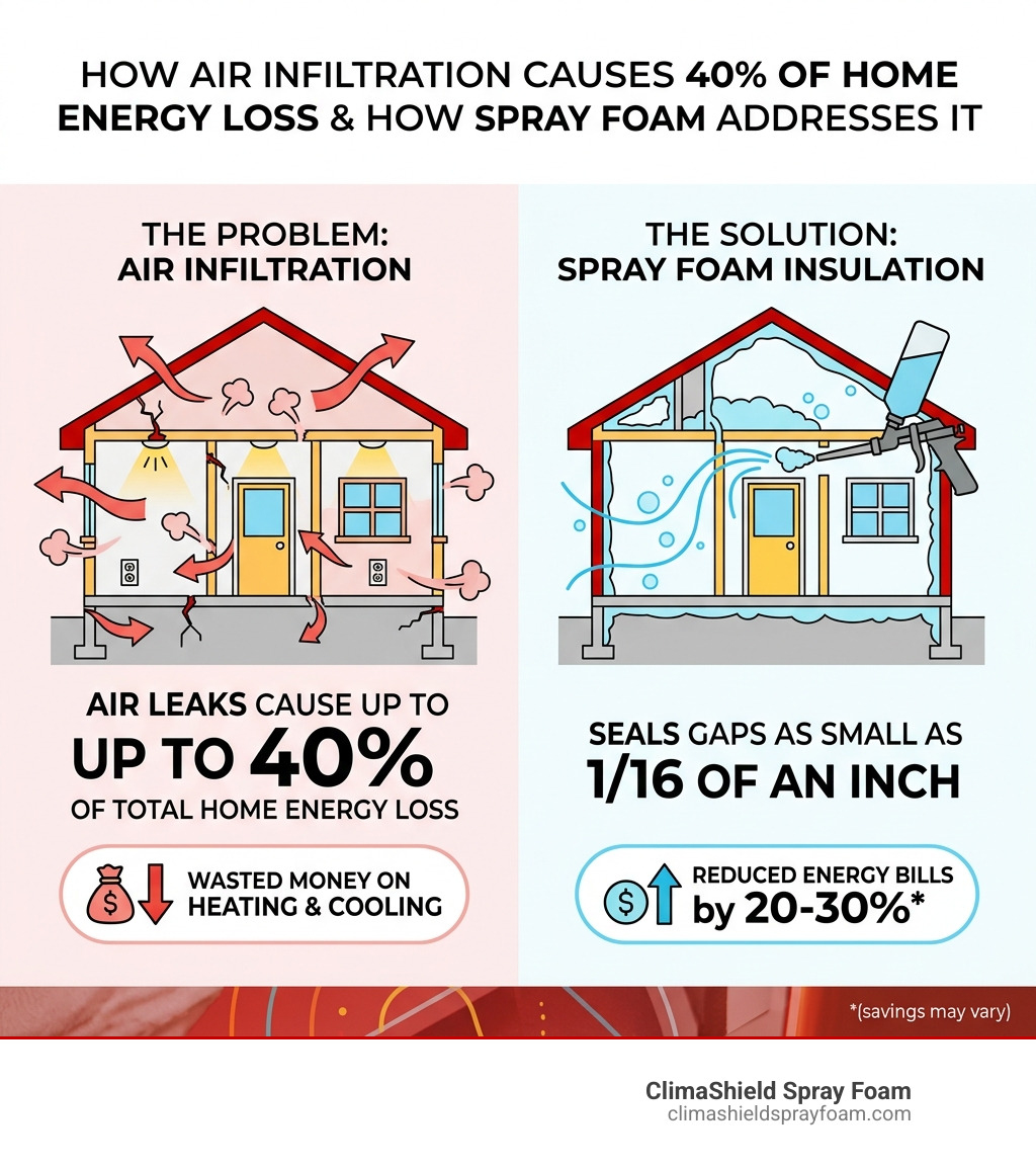Infographic: How air infiltration accounts for 40% of home energy loss and how spray foam addresses it - home efficiency