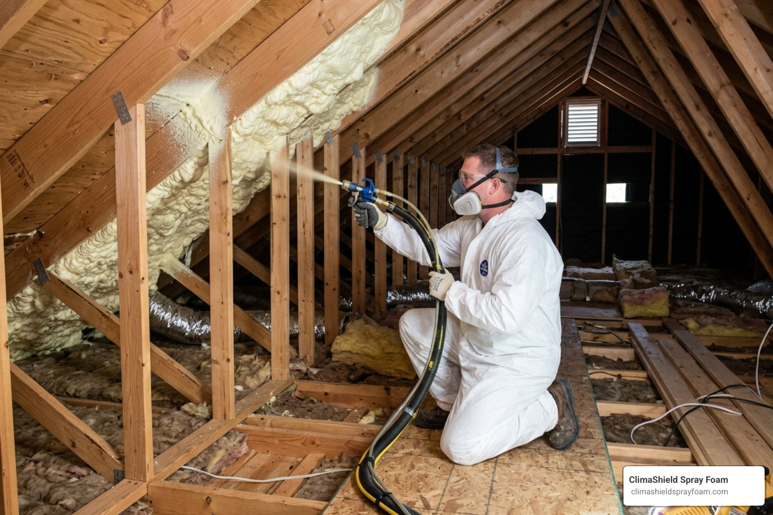 Professional spray foam installation in a residential attic showing the expansion process - home efficiency foam insulation