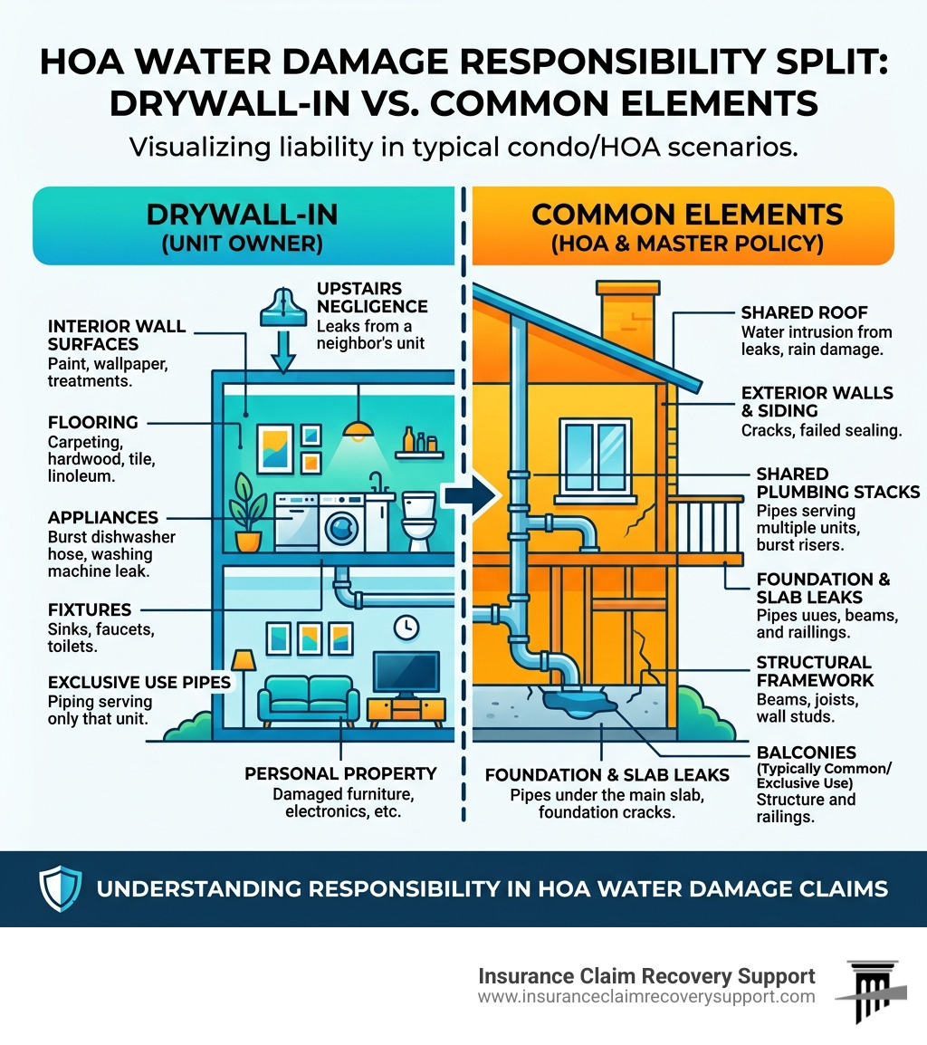 Infographic: Drywall-In vs. Common Element responsibility split in HOA water damage claims - HOA water damage infographic 