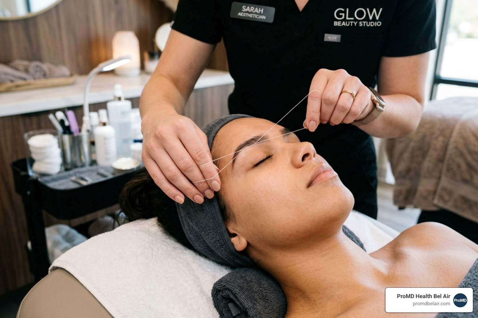 Neck-down view of a professional threading procedure showing the twisted cotton thread against the skin - eyebrow threading Neck-down view of a professional threading procedure showing the twisted cotton thread against the skin - eyebrow threading