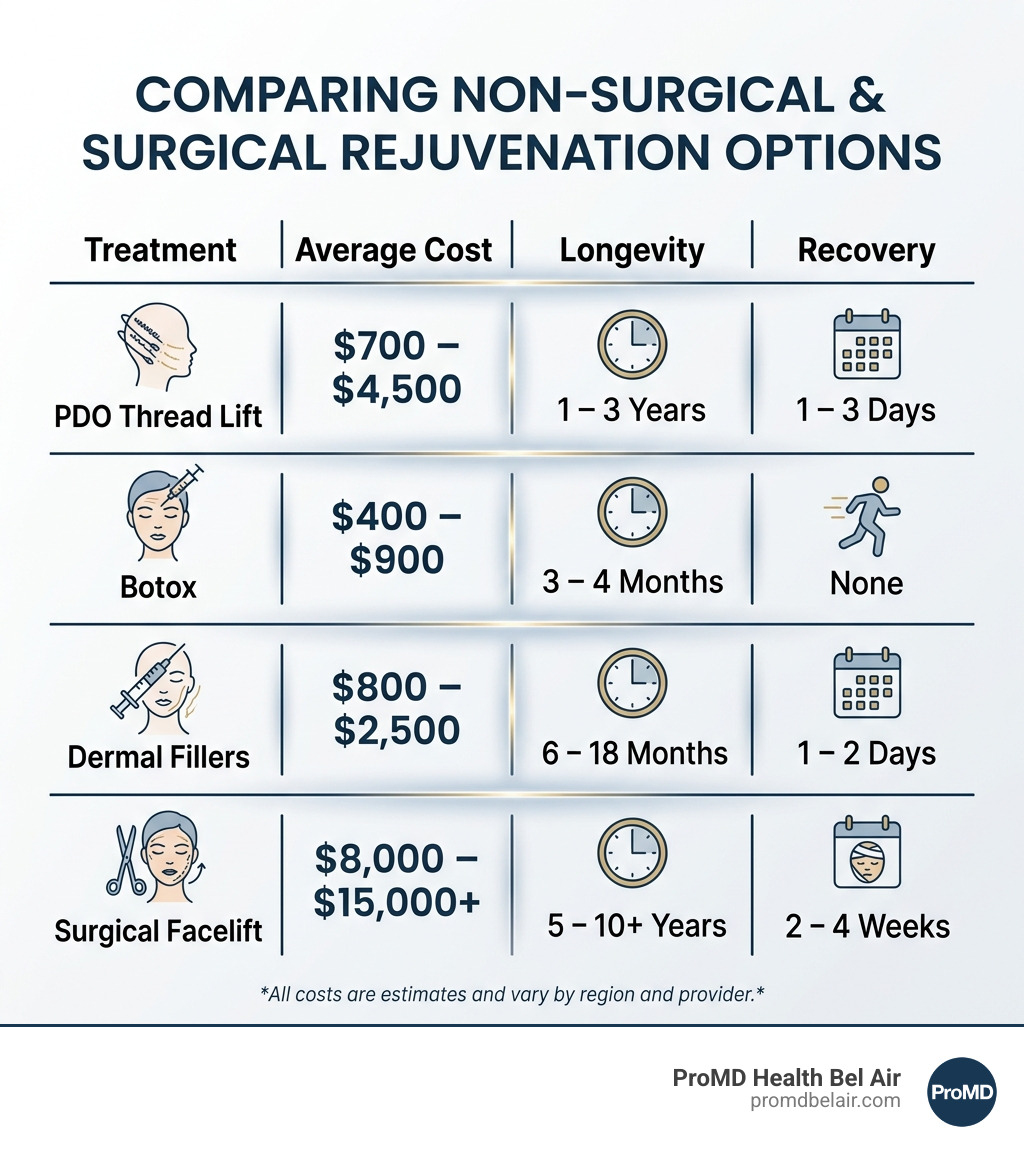 Table comparing PDO threads cost vs Botox vs Dermal Fillers vs Surgical Facelift - pdo threads cost infographic Table comparing PDO threads cost vs Botox vs Dermal Fillers vs Surgical Facelift - pdo threads cost infographic
