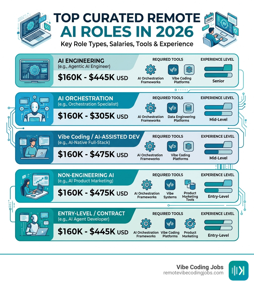 Infographic: top curated remote AI role types, salary ranges, required tools, and experience levels in 2026 - curated remote