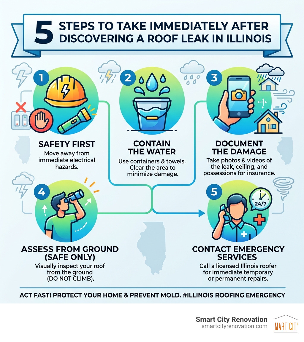 5 steps to take immediately after discovering a roof leak in Illinois - emergency roofing repair illinois infographic 5 steps to take immediately after discovering a roof leak in Illinois - emergency roofing repair illinois infographic