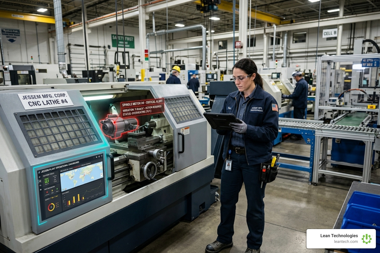 Maintenance technician using a tablet-based dashboard to view real-time shopfloor health alerts - predictive maintenance in Maintenance technician using a tablet-based dashboard to view real-time shopfloor health alerts - predictive maintenance in