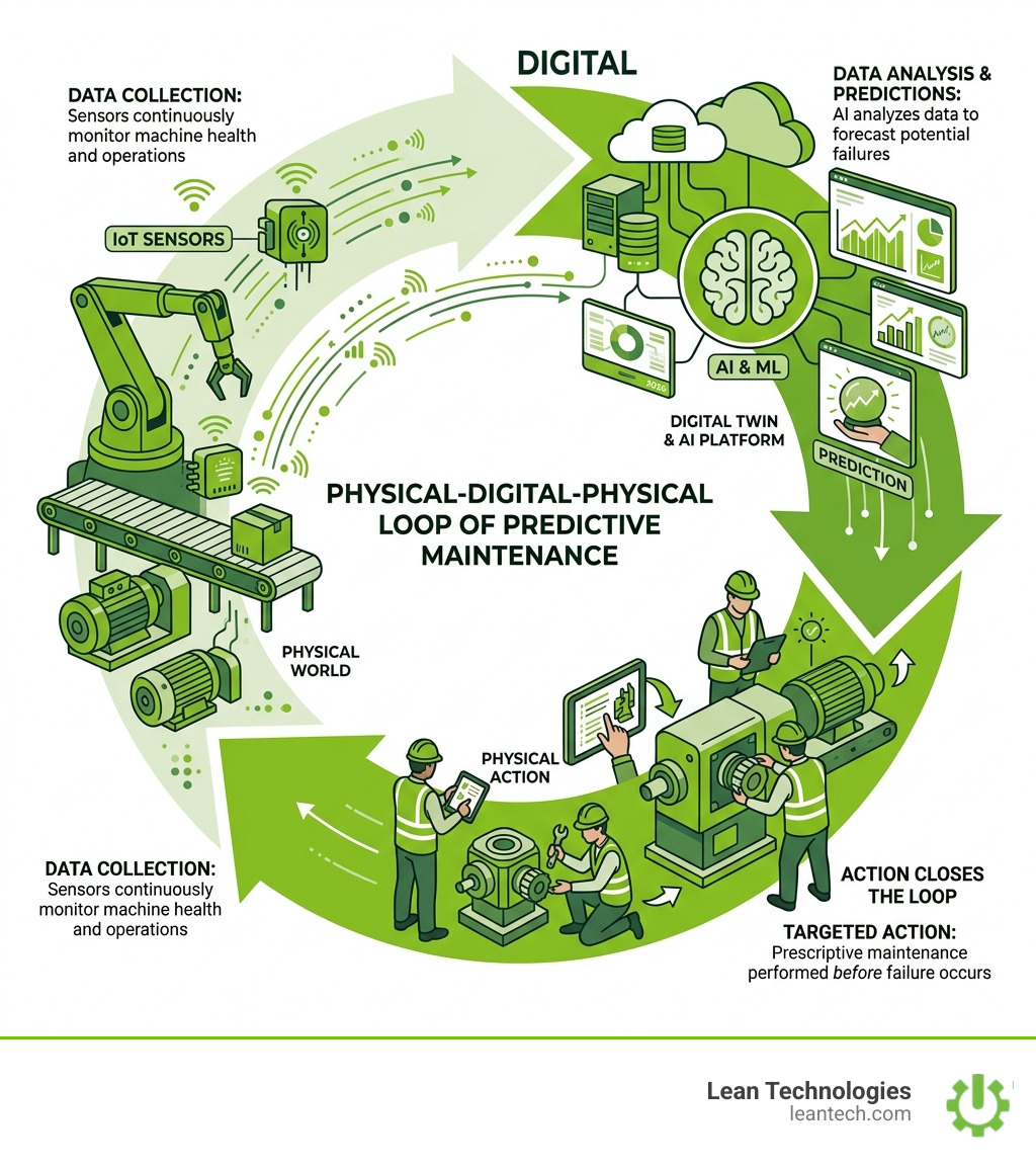 Physical-Digital-Physical loop of predictive maintenance: IoT sensors collect data, AI analyses and predicts, action closes Physical-Digital-Physical loop of predictive maintenance: IoT sensors collect data, AI analyses and predicts, action closes