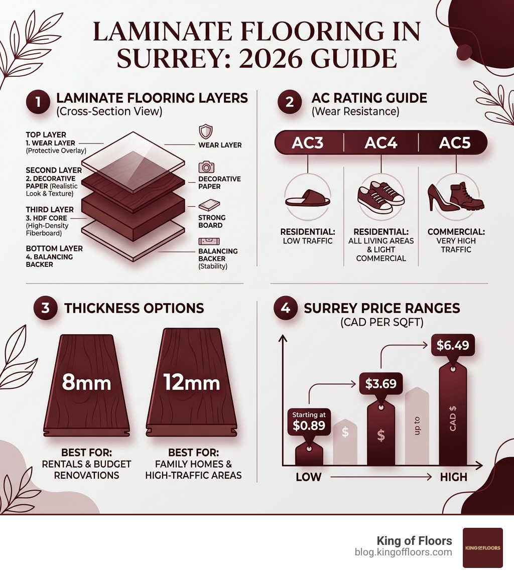 Infographic showing laminate flooring layers, AC ratings, thickness options, and Surrey price ranges - Laminate flooring Infographic showing laminate flooring layers, AC ratings, thickness options, and Surrey price ranges - Laminate flooring