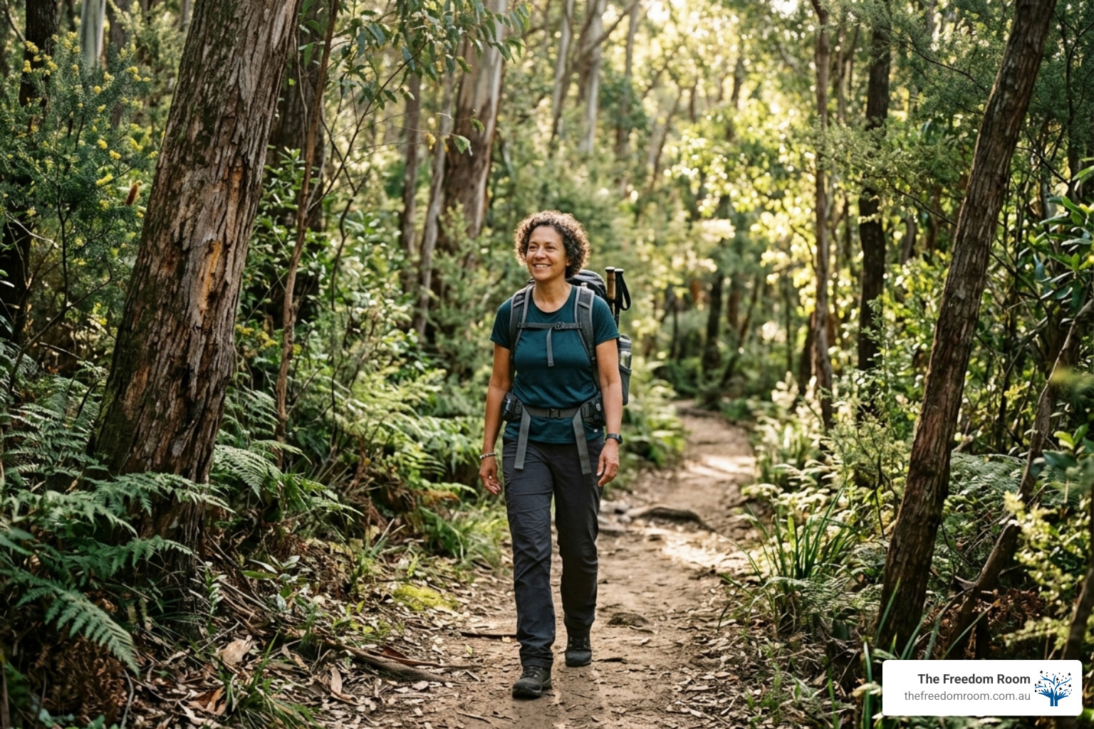 A smiling woman hiking through a sunlit forest, highlighting the holistic wellness and outdoor activities often integrated into alcoholism recovery programs. A smiling woman hiking through a sunlit forest, highlighting the holistic wellness and outdoor activities often integrated into alcoholism recovery programs.