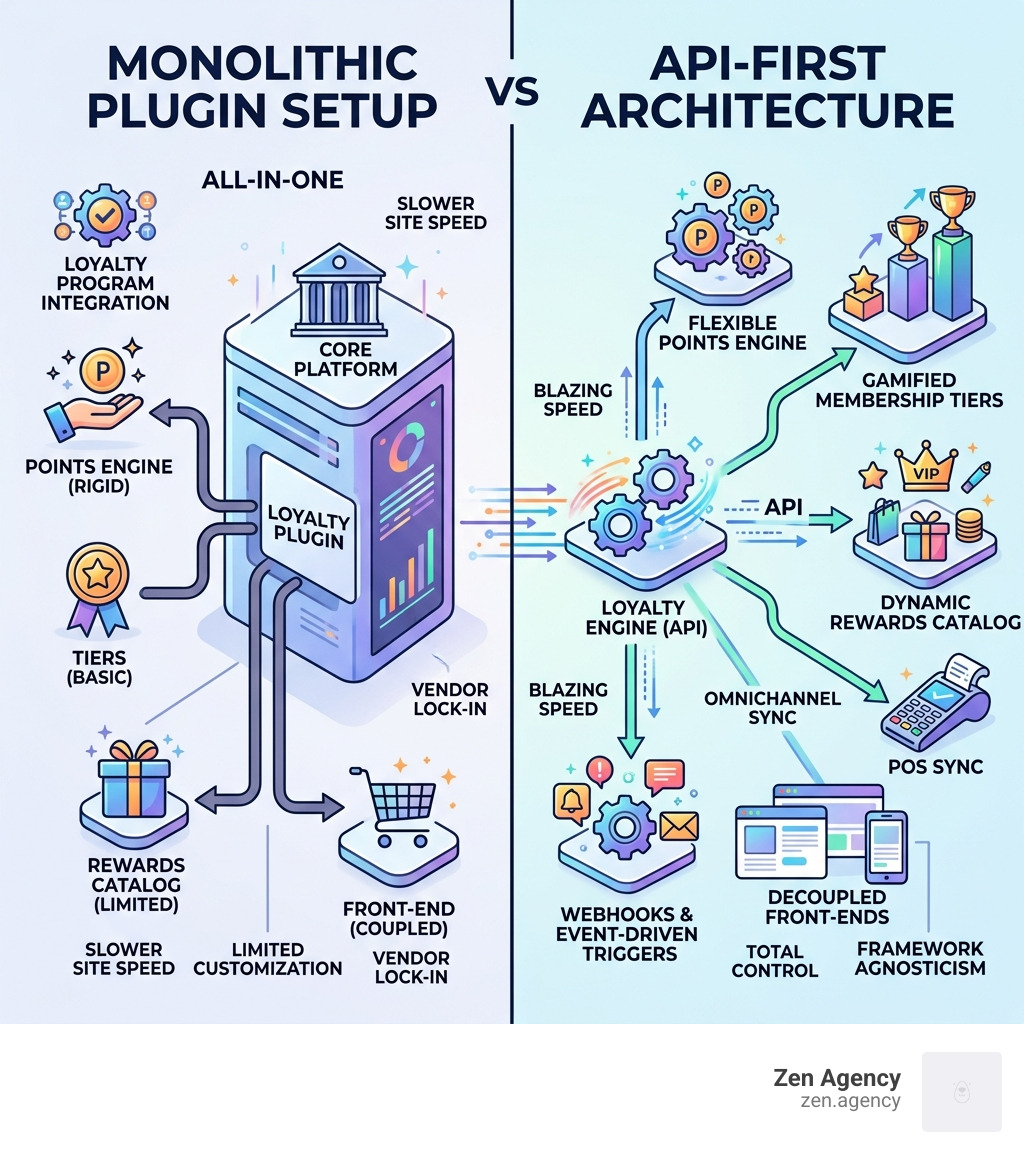 Infographic showing API-first architecture vs monolithic plugin setup - Loyalty program integration infographic Infographic showing API-first architecture vs monolithic plugin setup - Loyalty program integration infographic