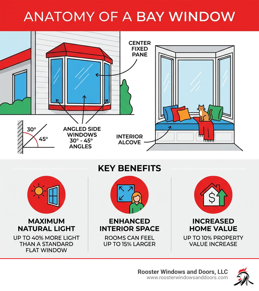 Infographic showing anatomy of a bay window: center fixed pane, two angled side windows at 30-45 degrees, interior alcove Infographic showing anatomy of a bay window: center fixed pane, two angled side windows at 30-45 degrees, interior alcove