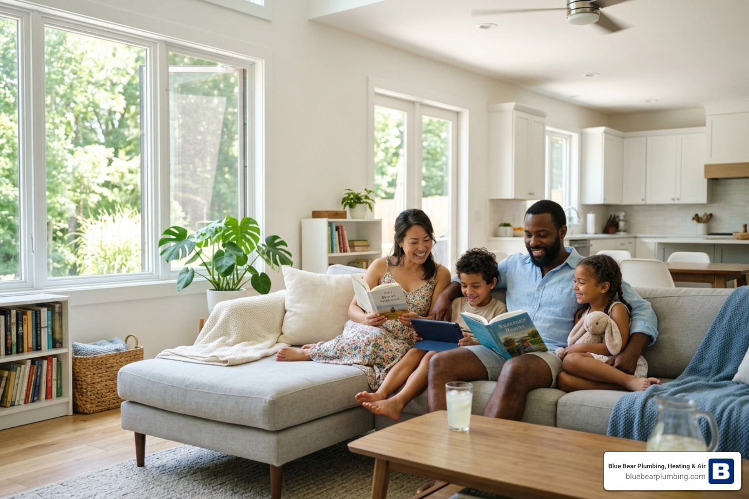 family relaxing in a cool living room during a hot Massachusetts summer afternoon - best thermostat settings for summer family relaxing in a cool living room during a hot Massachusetts summer afternoon - best thermostat settings for summer