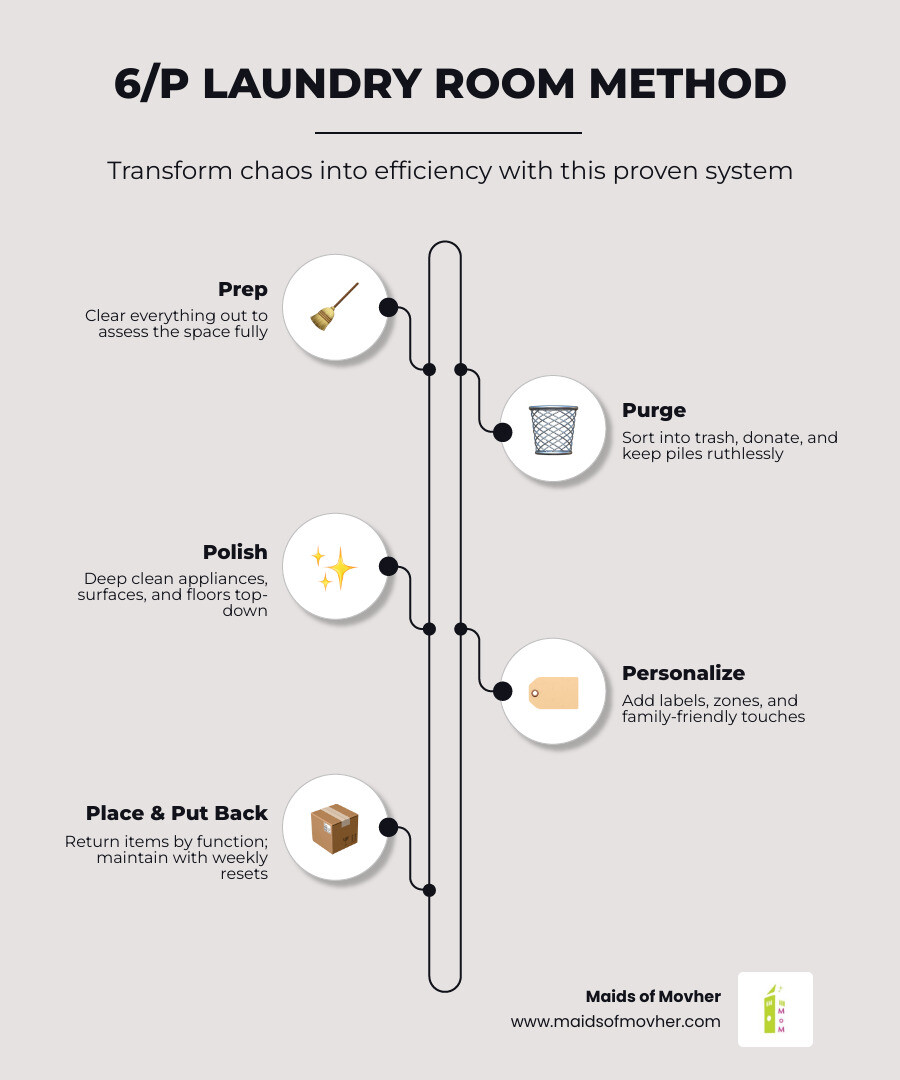 Infographic showing the 6-step Prep Purge Polish Personalize Place Put Back laundry room method - how to clean and organize Infographic showing the 6-step Prep Purge Polish Personalize Place Put Back laundry room method - how to clean and organize
