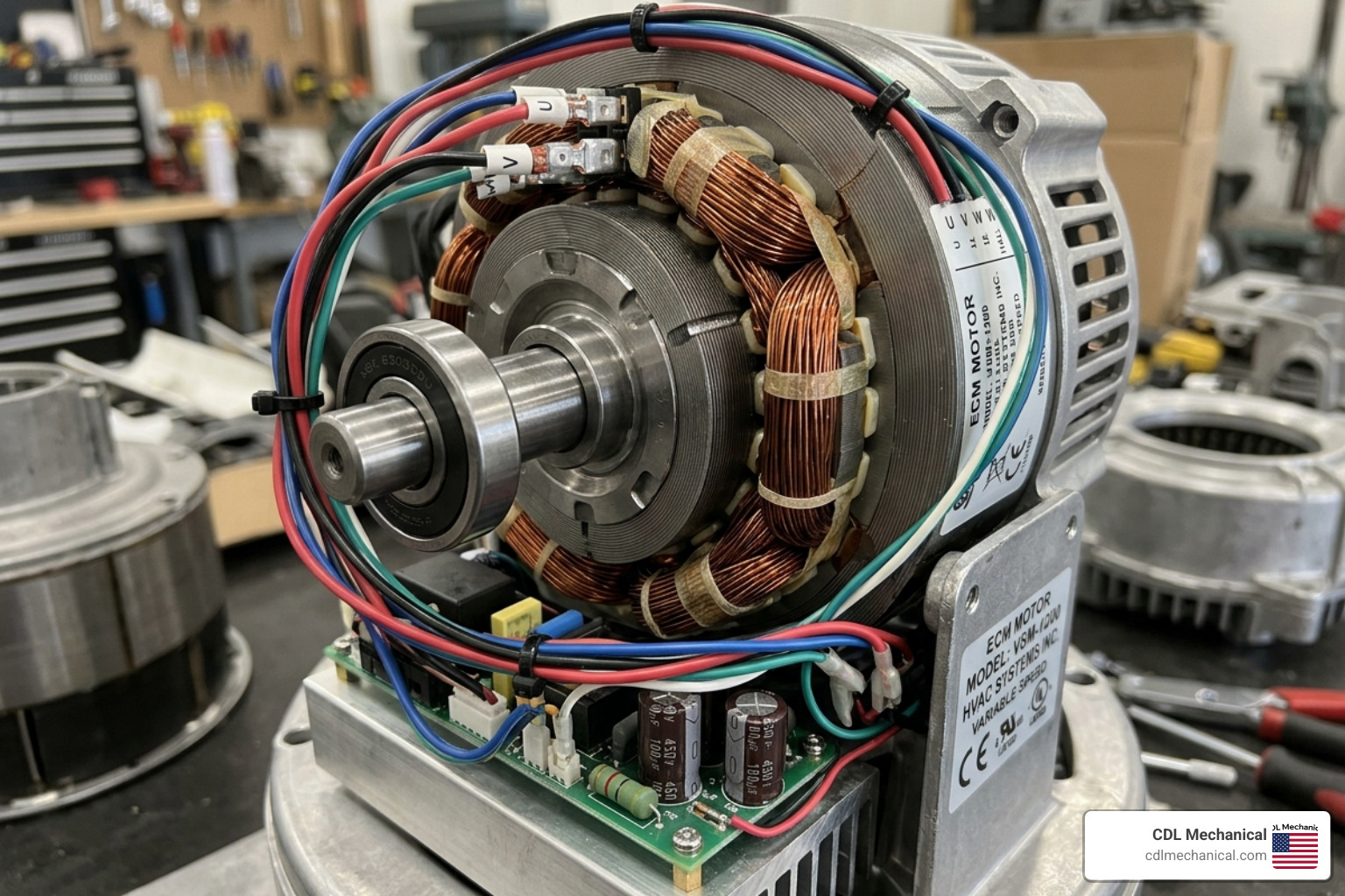 Internal view of a variable speed HVAC motor component designed for energy efficiency - how high efficiency systems reduce Internal view of a variable speed HVAC motor component designed for energy efficiency - how high efficiency systems reduce