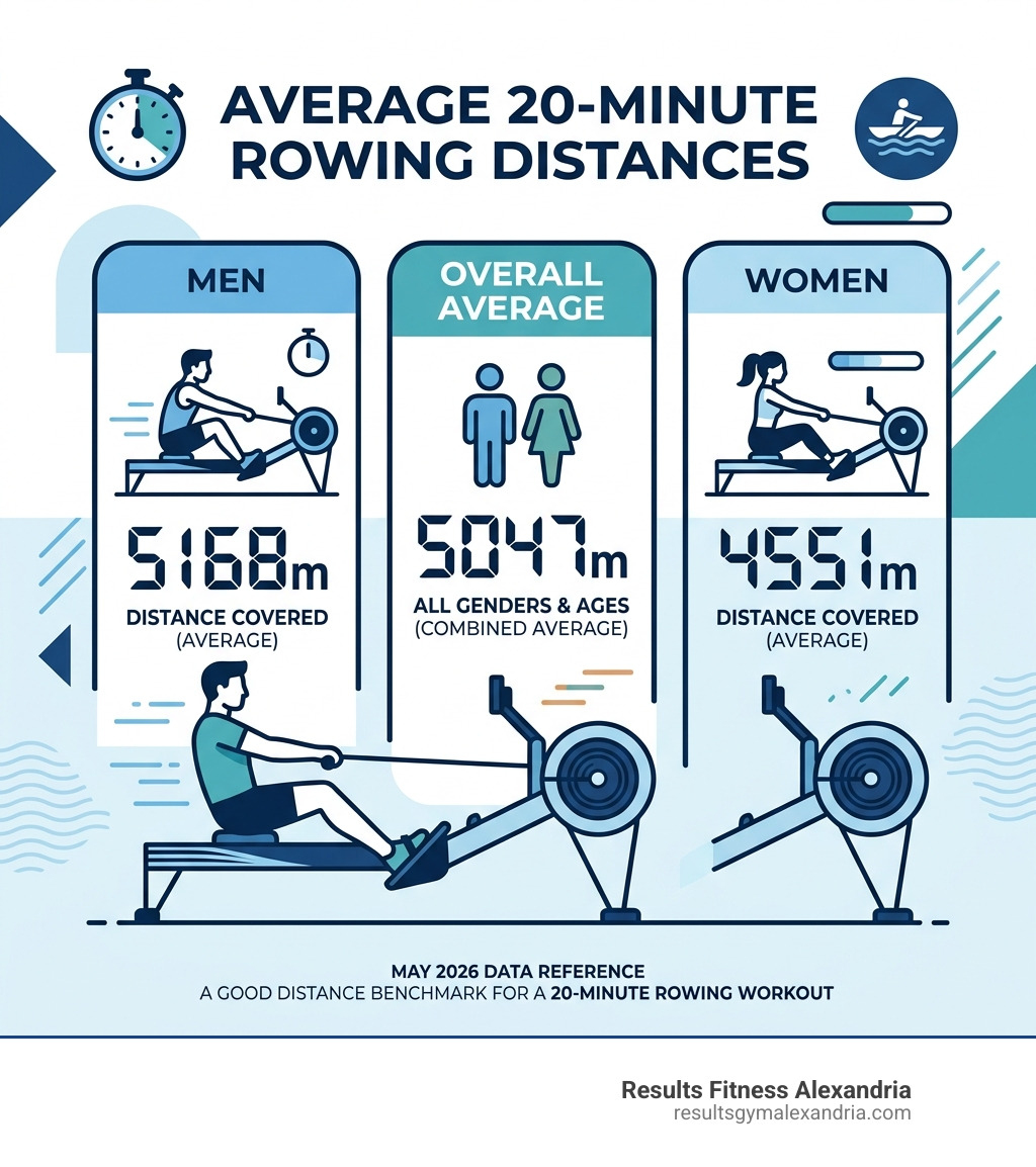 Infographic showing average 20-minute rowing distances: Men 5168m, Women 4551m, Overall Average 5047m - 20 minute rowing Infographic showing average 20-minute rowing distances: Men 5168m, Women 4551m, Overall Average 5047m - 20 minute rowing