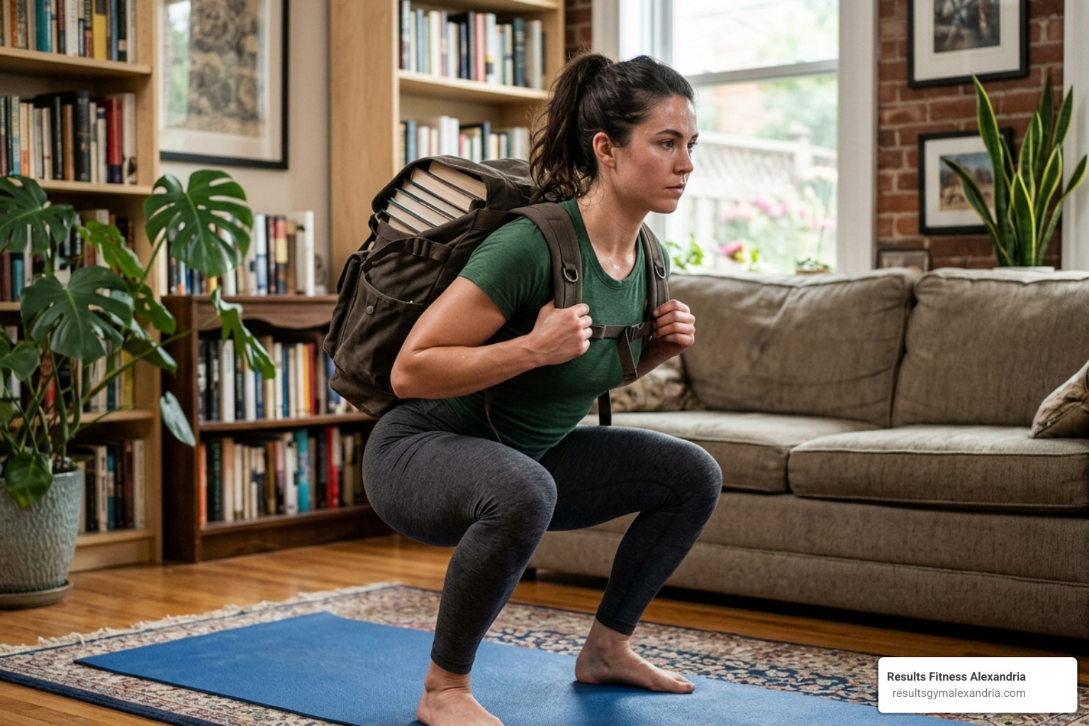 backpack filled with books being used for weighted squats - muscle gain workout plan at home backpack filled with books being used for weighted squats - muscle gain workout plan at home