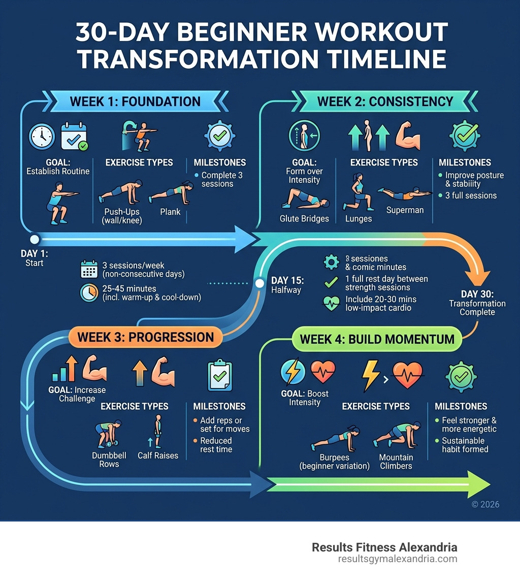 30-day beginner workout transformation timeline infographic showing weekly goals, exercise types, and progression milestones 30-day beginner workout transformation timeline infographic showing weekly goals, exercise types, and progression milestones