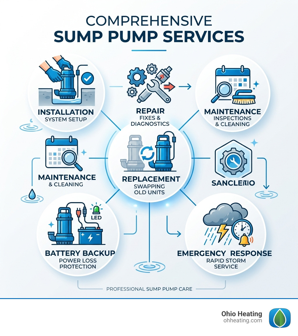 Infographic showing sump pump service types: installation, repair, maintenance, replacement, battery backup, emergency