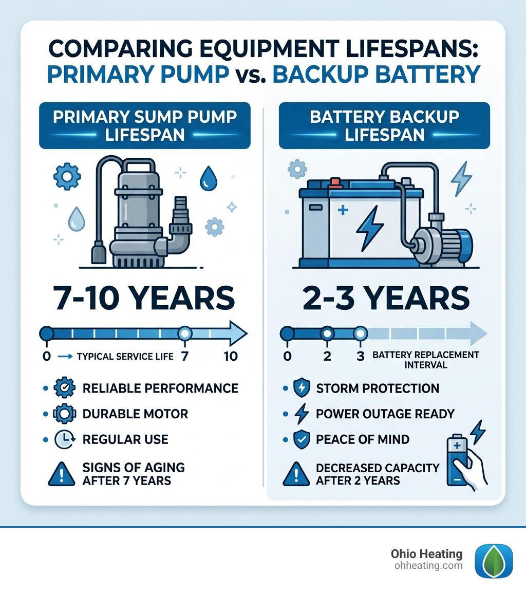 Infographic showing the 7-10 year lifespan of a sump pump and the 2-3 year lifespan of backup batteries - sump pump services