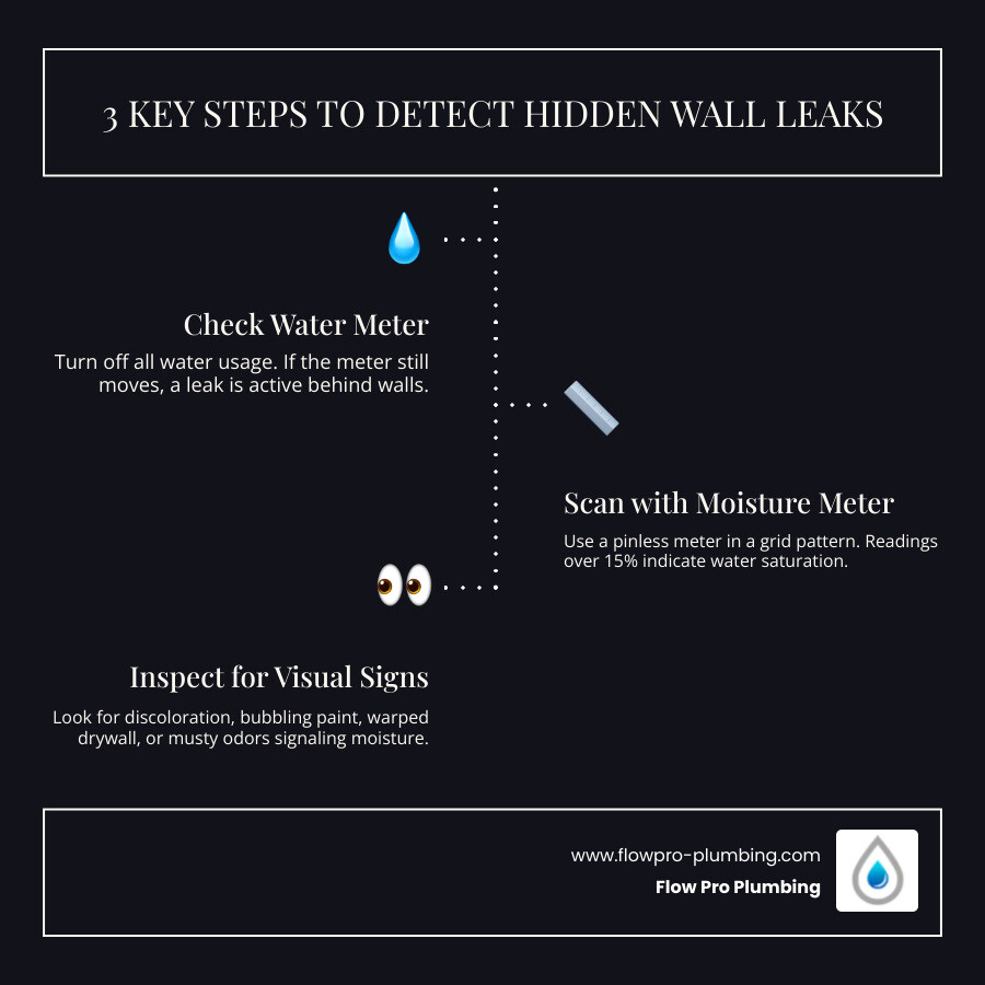 infographic showing 7 steps to detect a water leak behind walls including meter test moisture meter and visual signs - how infographic showing 7 steps to detect a water leak behind walls including meter test moisture meter and visual signs - how