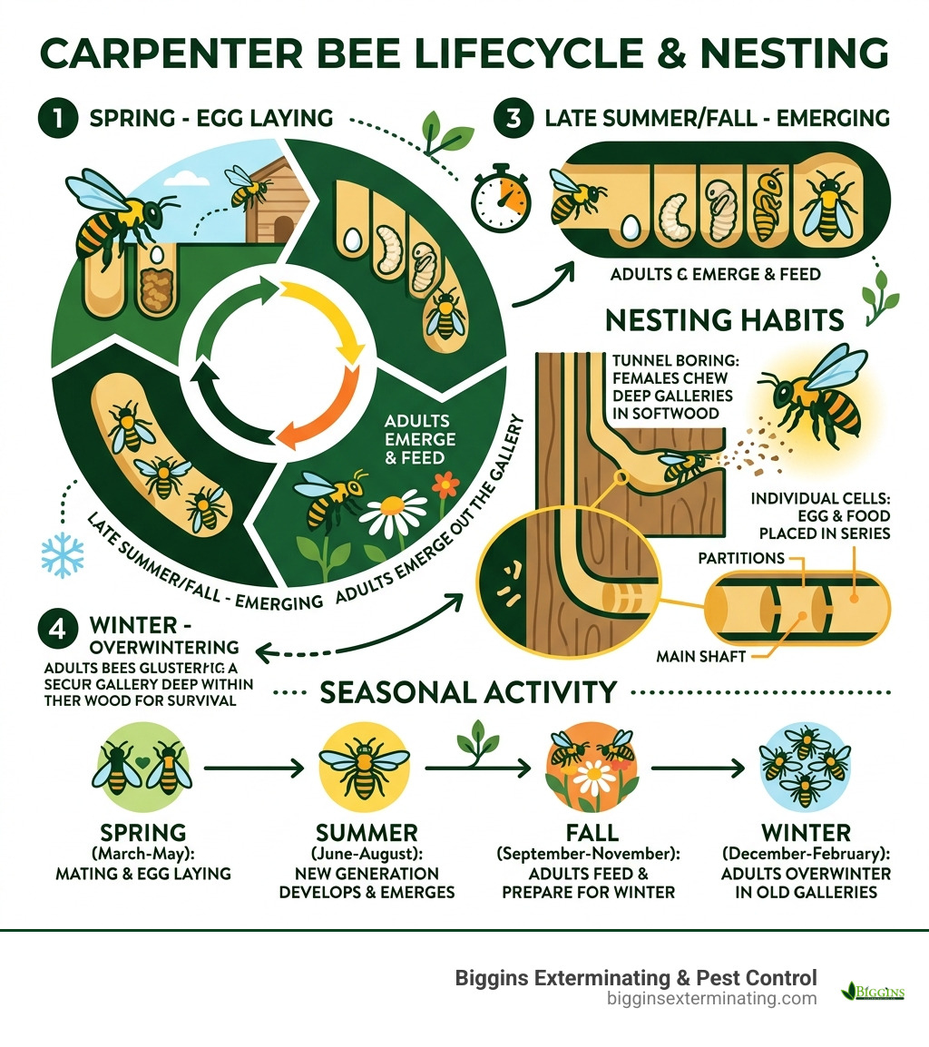 Carpenter bee lifecycle and nesting habits infographic showing egg-laying, tunnel boring, and seasonal activity - billerica