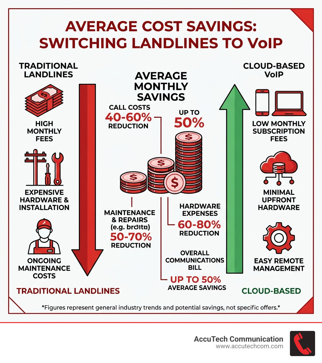 Infographic showing average cost savings when switching from landlines to VoIP - best telephone systems infographic 