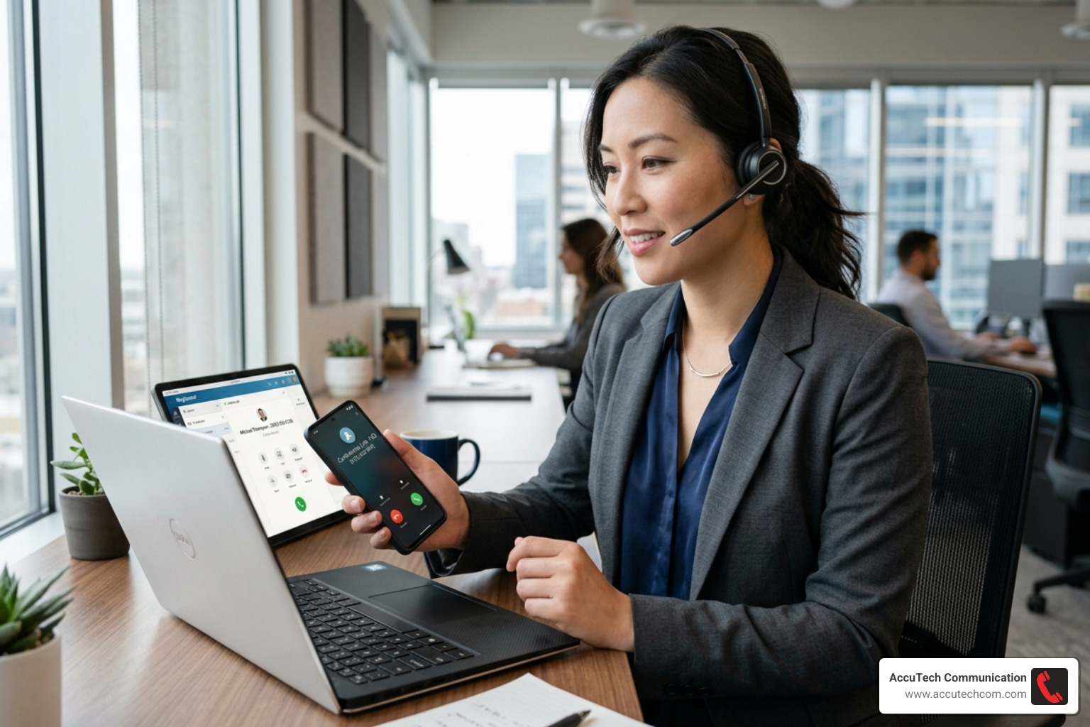 professional using a softphone application on a laptop and mobile device - best telephone systems