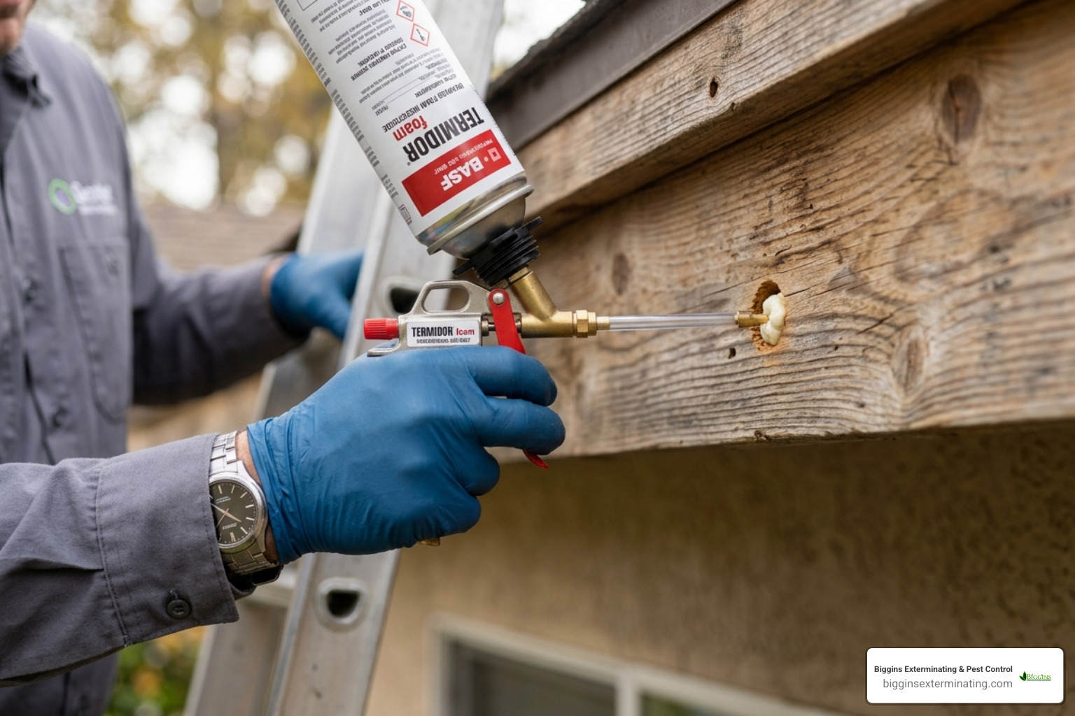 Technician applying professional foaming insecticide into a carpenter bee gallery - billerica ma carpenter bee killer