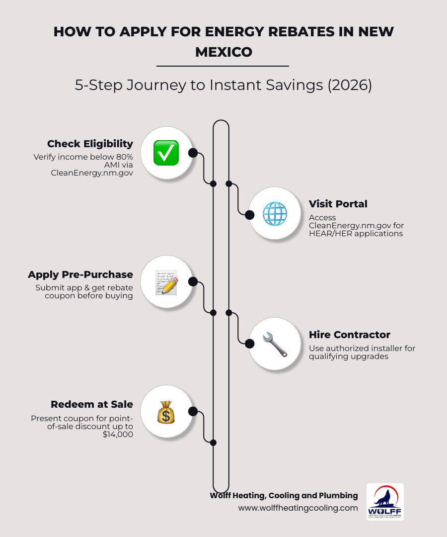 5-step New Mexico energy rebate application journey from eligibility check to point-of-sale coupon - how to apply for energy 5-step New Mexico energy rebate application journey from eligibility check to point-of-sale coupon - how to apply for energy