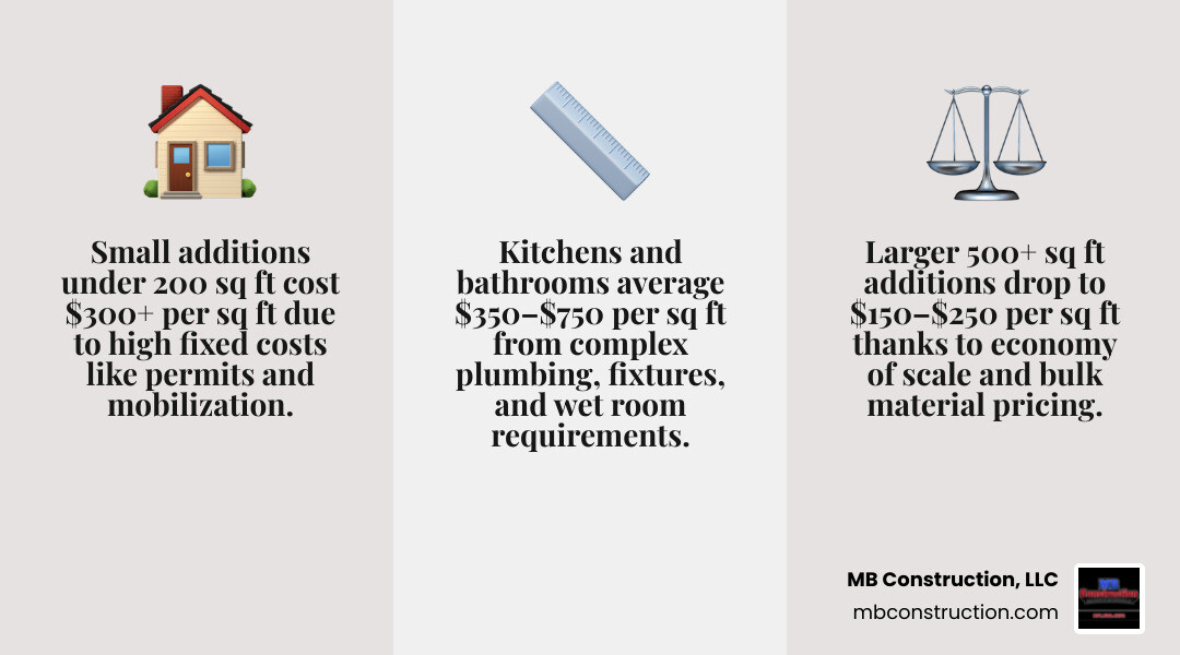 Infographic showing home addition cost per square foot breakdown by room type and project level - addition price per square