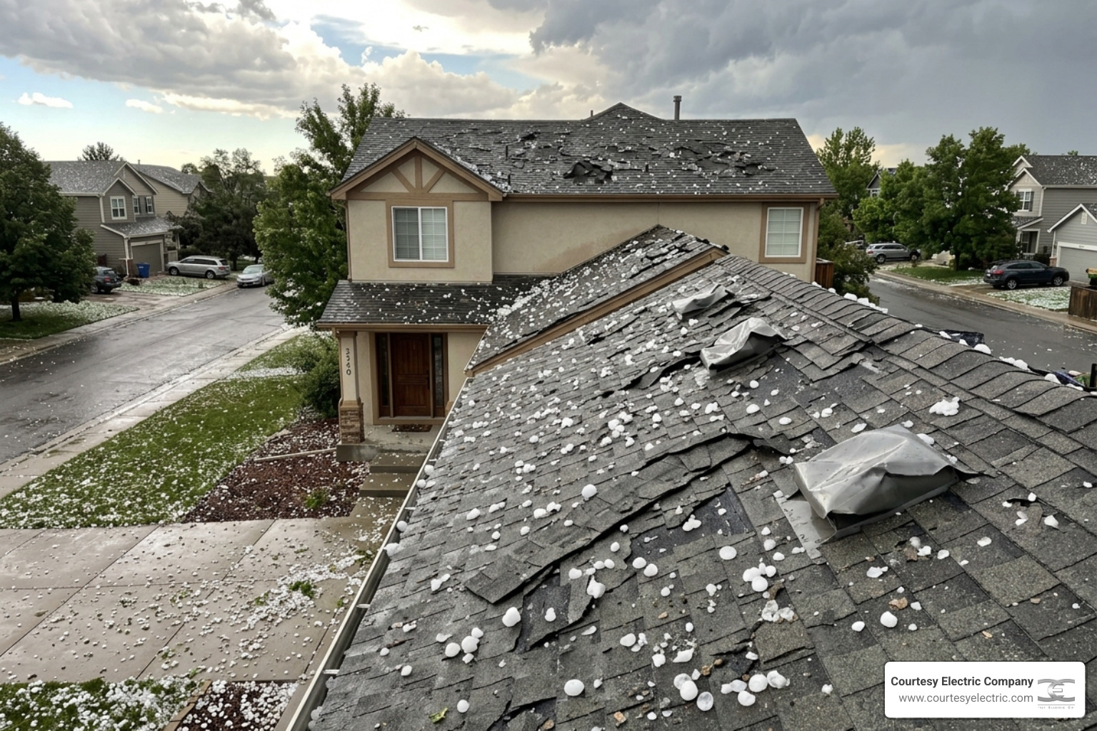 Large hail damage on a residential roof with cracked shingles and dented vents - storm preparedness tips for colorado Large hail damage on a residential roof with cracked shingles and dented vents - storm preparedness tips for colorado