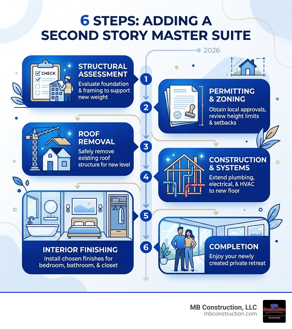 Infographic showing the 6-step process of adding a second story master suite from assessment to completion - adding a second