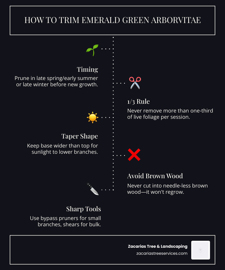 Infographic showing the 1/3 pruning rule, best seasonal timing, and tapered shape guide for Emerald Green arborvitae care Infographic showing the 1/3 pruning rule, best seasonal timing, and tapered shape guide for Emerald Green arborvitae care