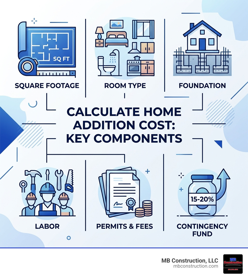 Infographic showing home addition cost components: square footage, room type, foundation, labor, permits, and contingency Infographic showing home addition cost components: square footage, room type, foundation, labor, permits, and contingency