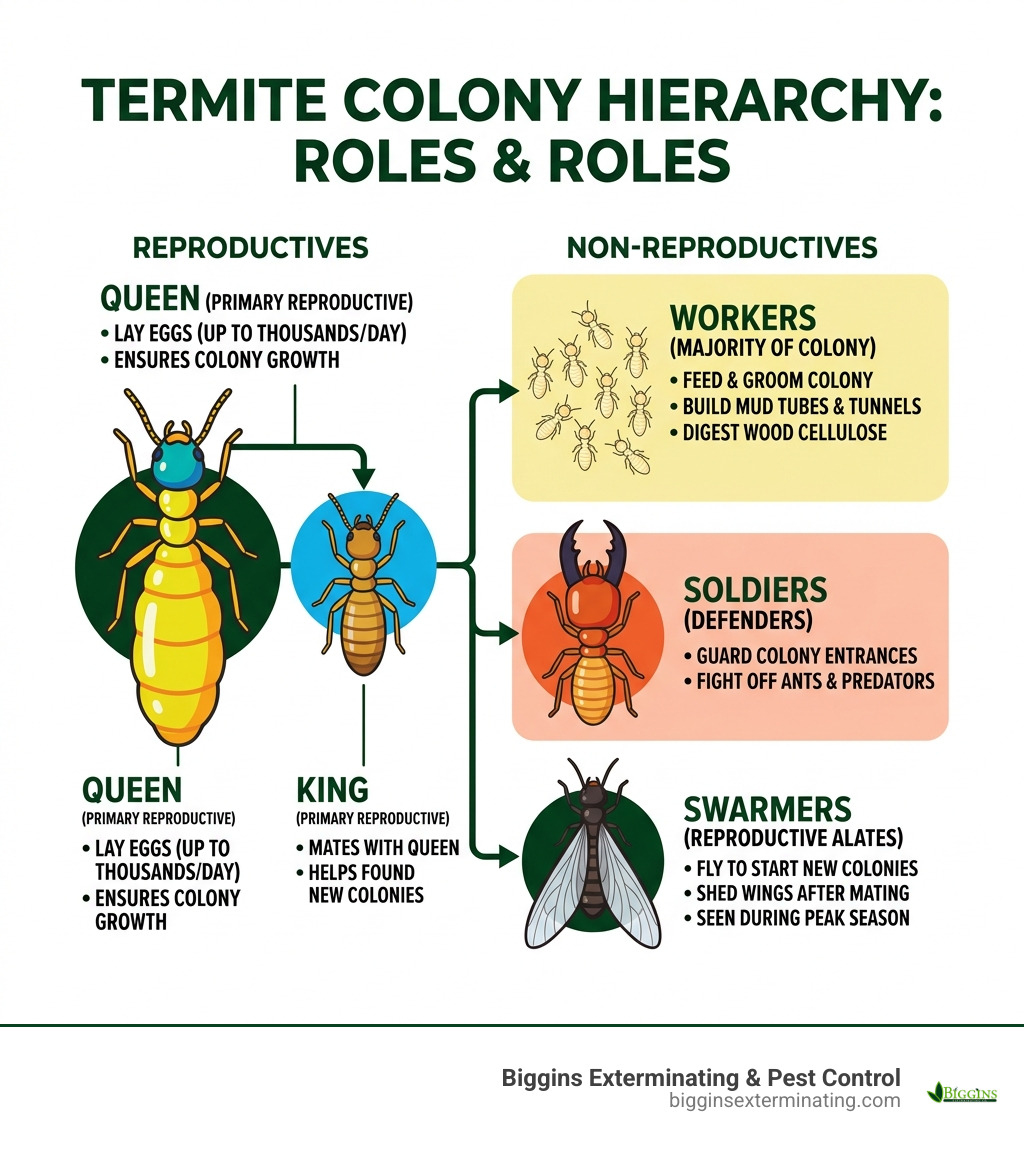 Termite colony hierarchy infographic showing queen, king, workers, soldiers, and swarmers with roles - wood destroying