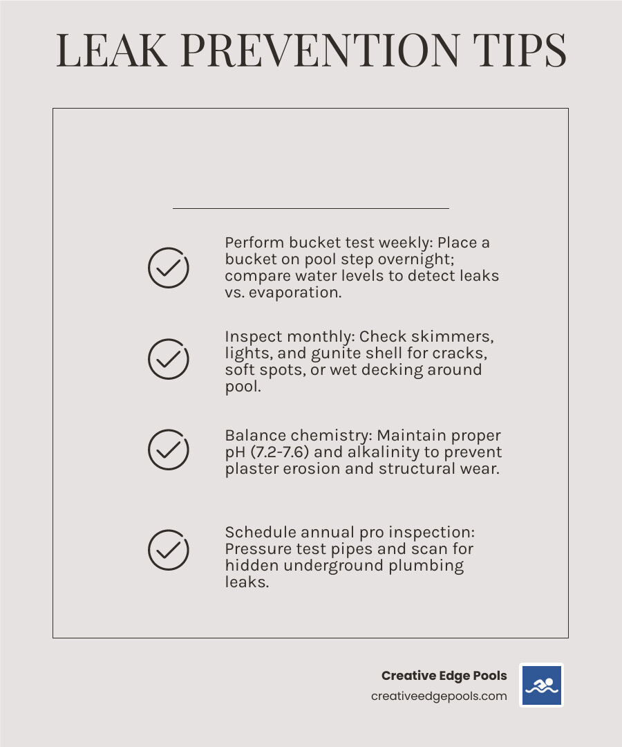 Infographic summarizing pool maintenance tips to prevent leaks - cost to fix pool leak infographic checklist-light-beige