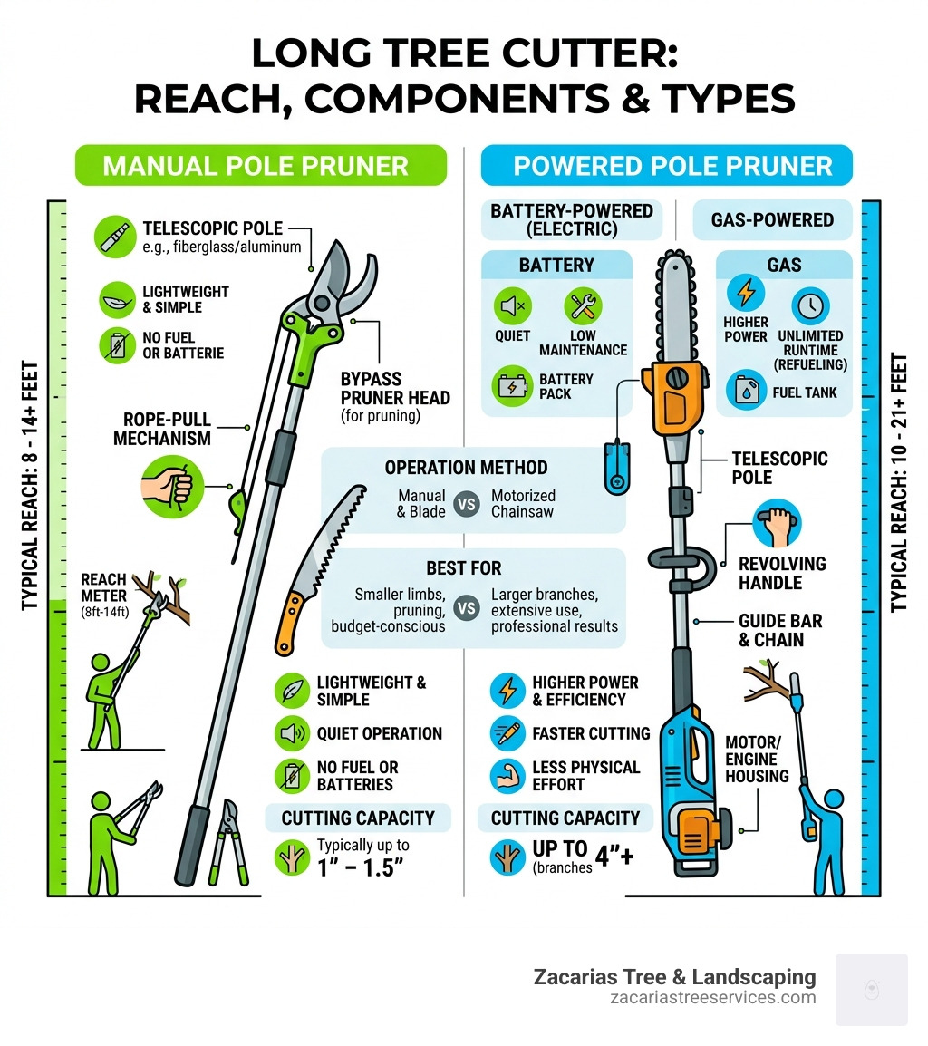 Infographic showing reach, components, and types of manual vs powered pole pruner - long tree cutter infographic Infographic showing reach, components, and types of manual vs powered pole pruner - long tree cutter infographic