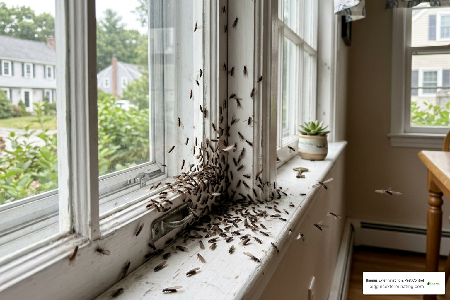 termite swarmers near a window sill in a Wilmington home - wood destroying termites Wilmington MA