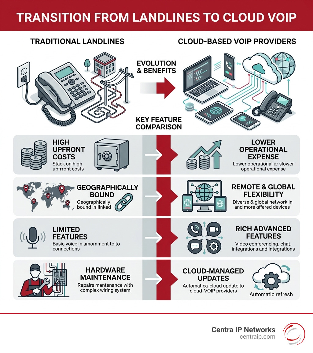 Infographic showing transition from traditional landlines to cloud-based VoIP providers with feature comparison - business Infographic showing transition from traditional landlines to cloud-based VoIP providers with feature comparison - business