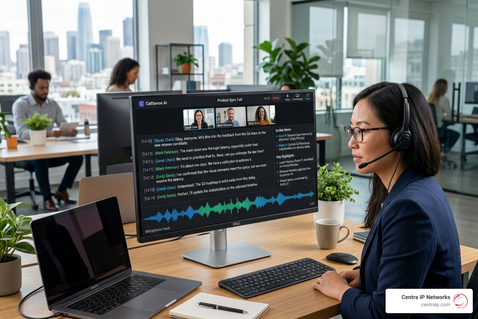 Real-time AI call transcription interface showing speaker identification and key highlights - business voice over ip Real-time AI call transcription interface showing speaker identification and key highlights - business voice over ip