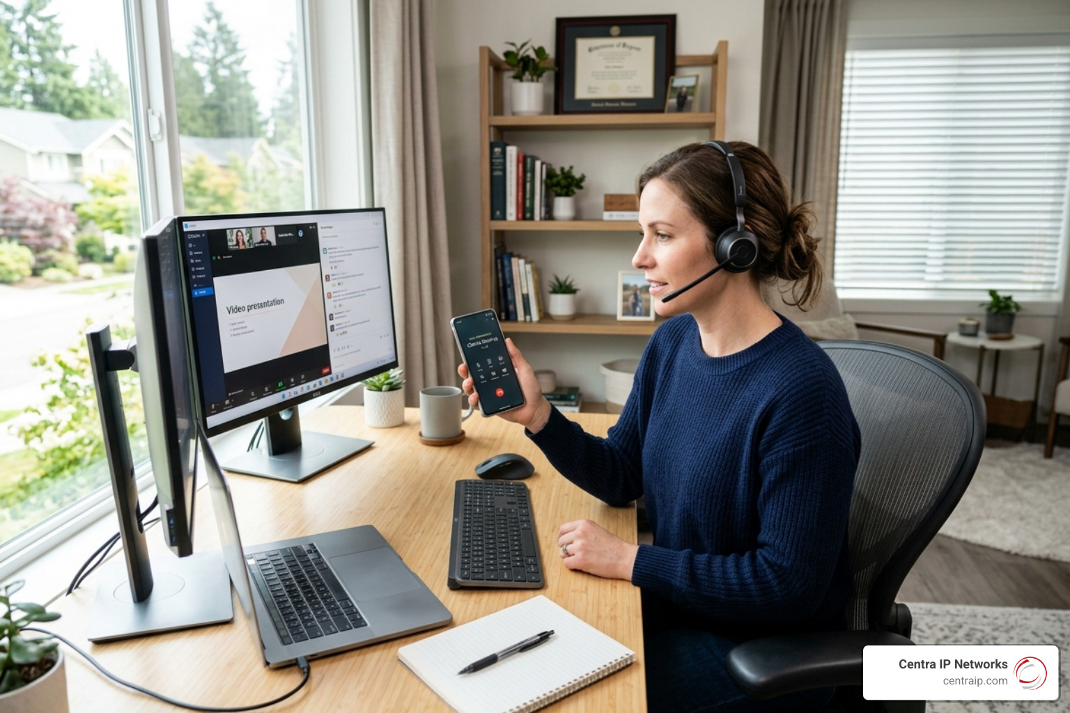 Remote worker in a home office using a professional VoIP mobile app to take a business call - business voice over ip Remote worker in a home office using a professional VoIP mobile app to take a business call - business voice over ip