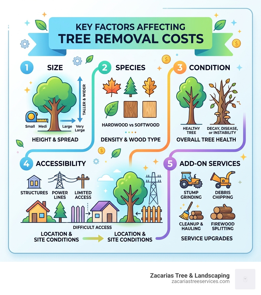 infographic showing primary variables affecting tree removal costs: size, species, condition, accessibility, and add-on infographic showing primary variables affecting tree removal costs: size, species, condition, accessibility, and add-on