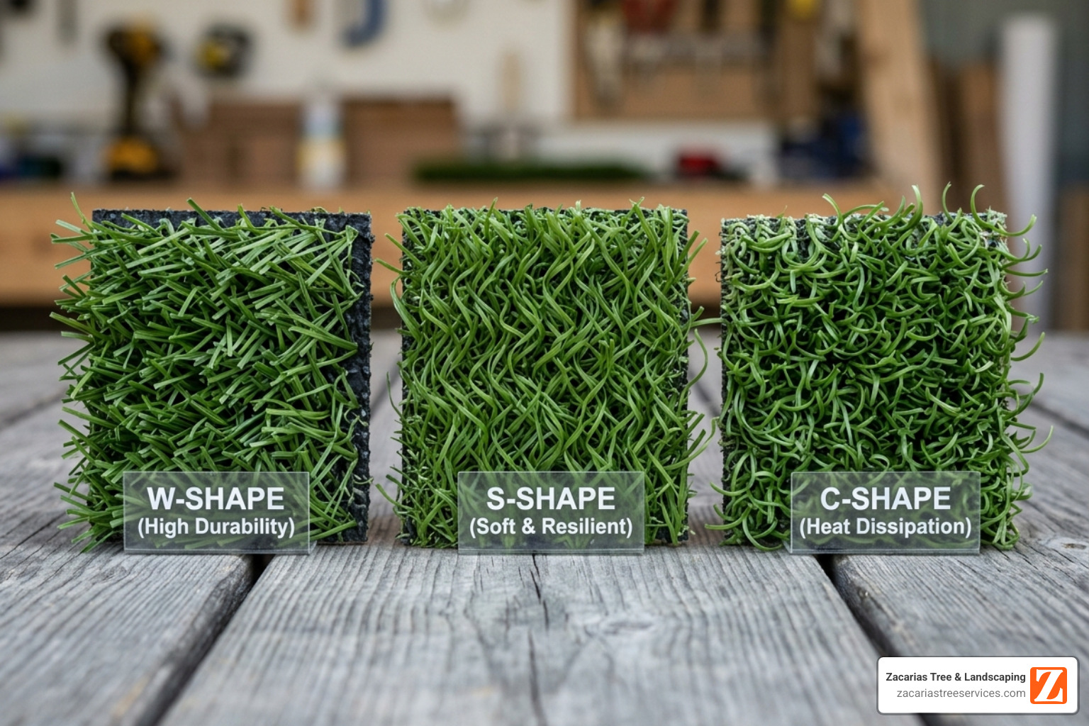 Different turf blade shapes: W-shape for durability, S-shape for softness, and C-shape for heat dissipation - artificial