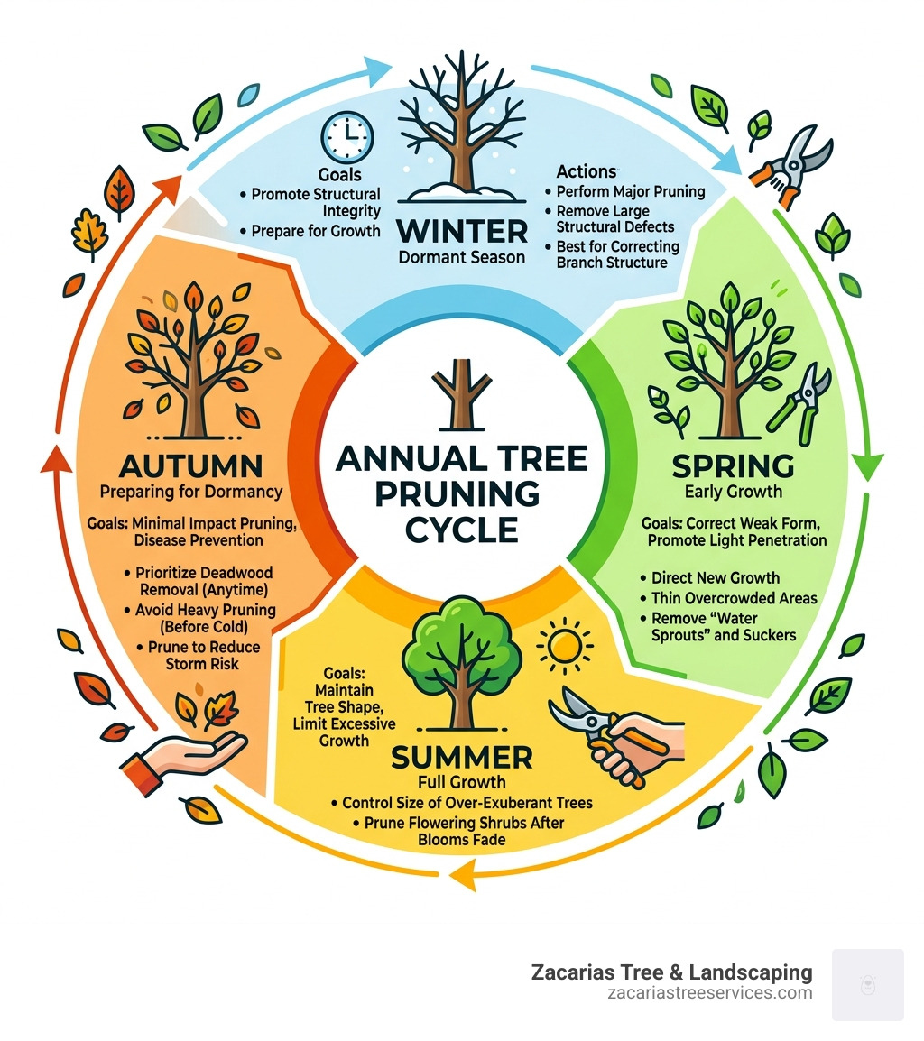 Annual tree pruning cycle showing seasons, goals, and key pruning actions for healthy trees - tree pruning infographic 