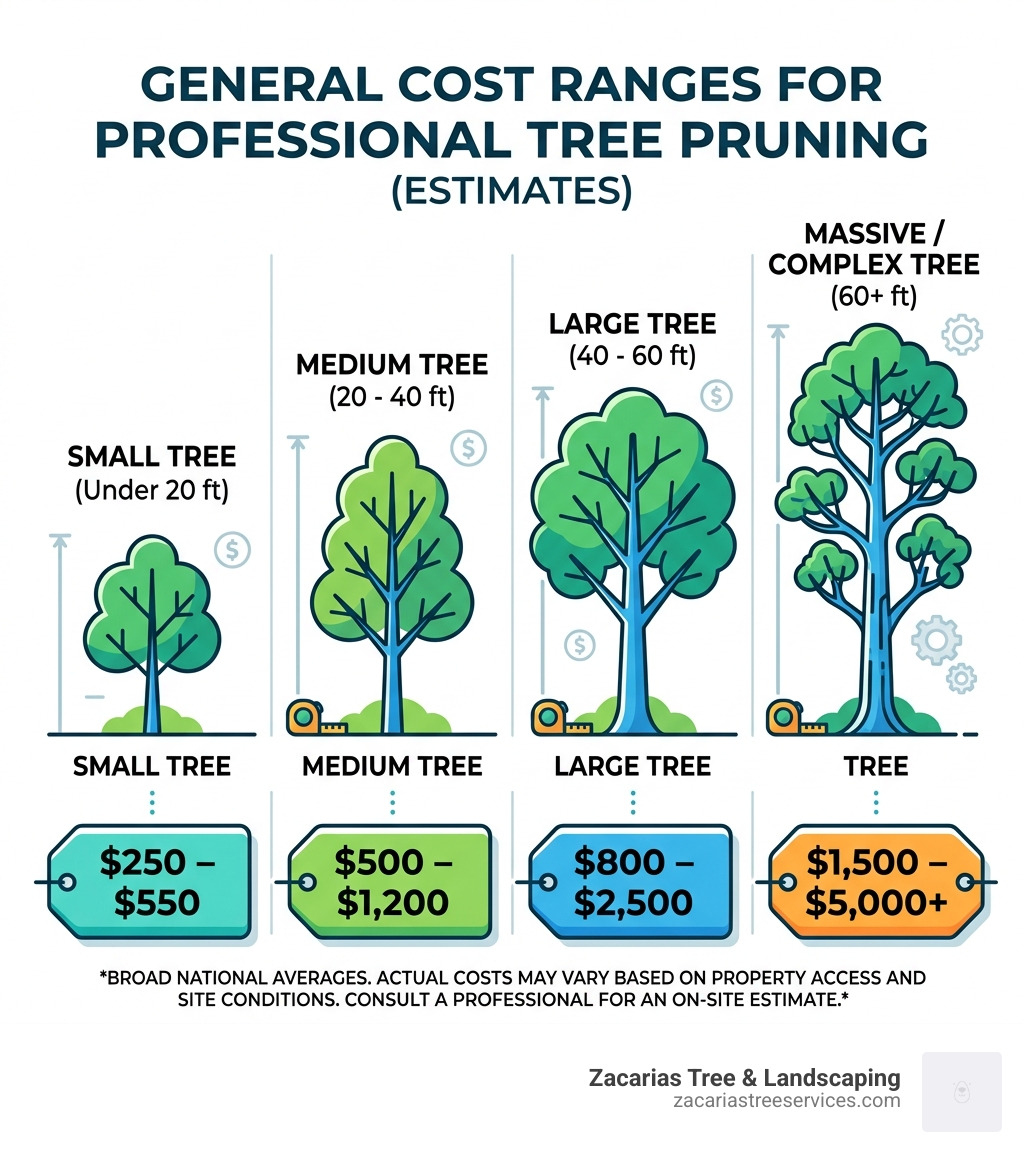 Infographic showing general cost ranges for tree pruning based on tree size - tree pruning infographic 