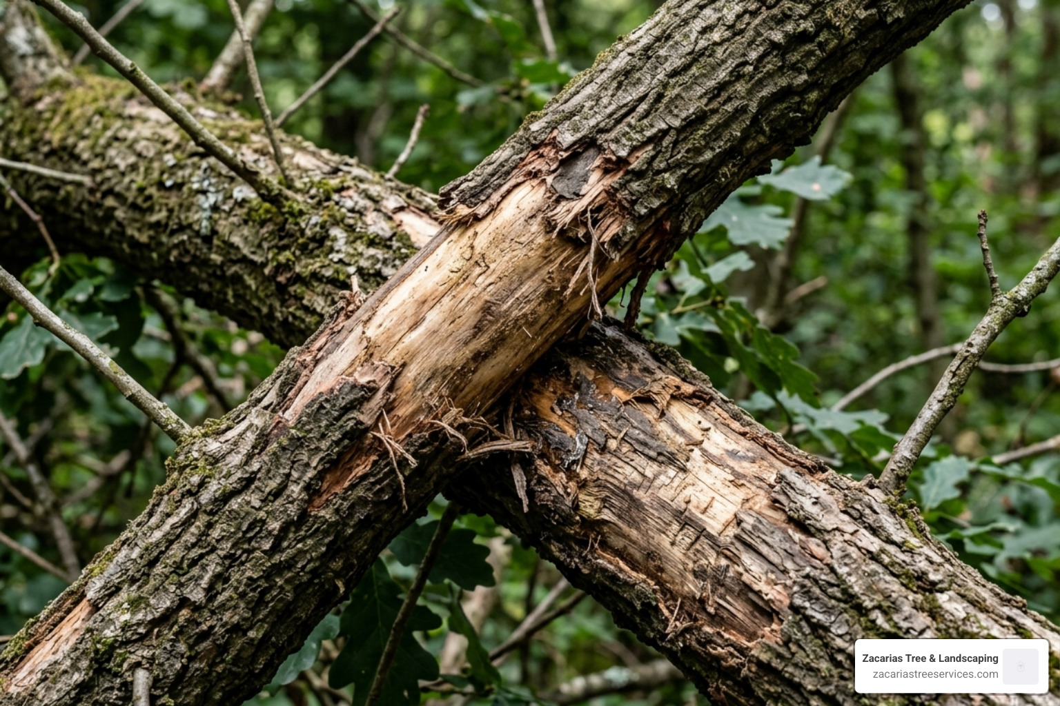 Close-up of two tree branches crossing and rubbing against each other, showing bark damage - tree pruning