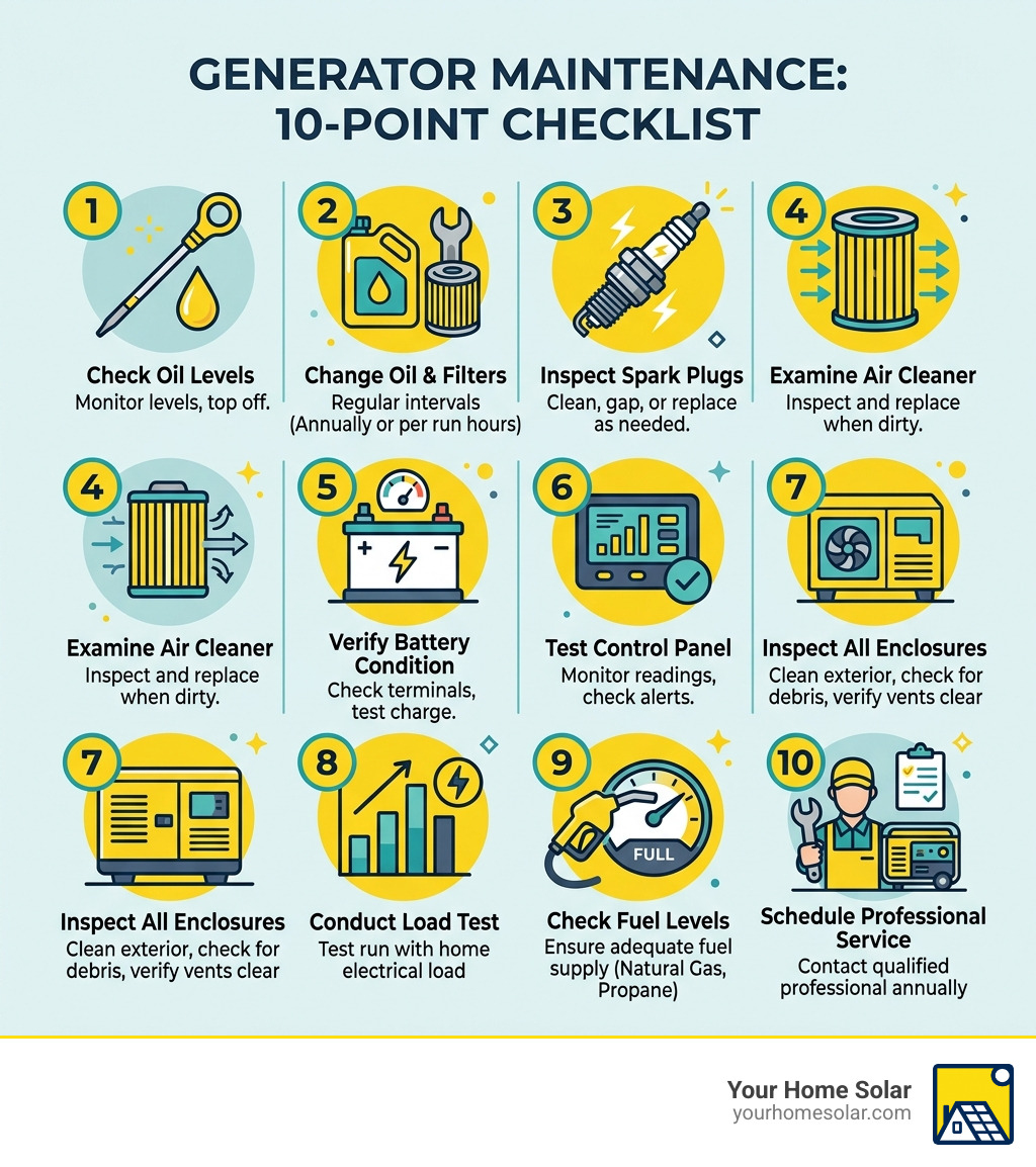 Infographic showing the 10-point generator maintenance checklist - generator installation maryville (geo) infographic Infographic showing the 10-point generator maintenance checklist - generator installation maryville (geo) infographic